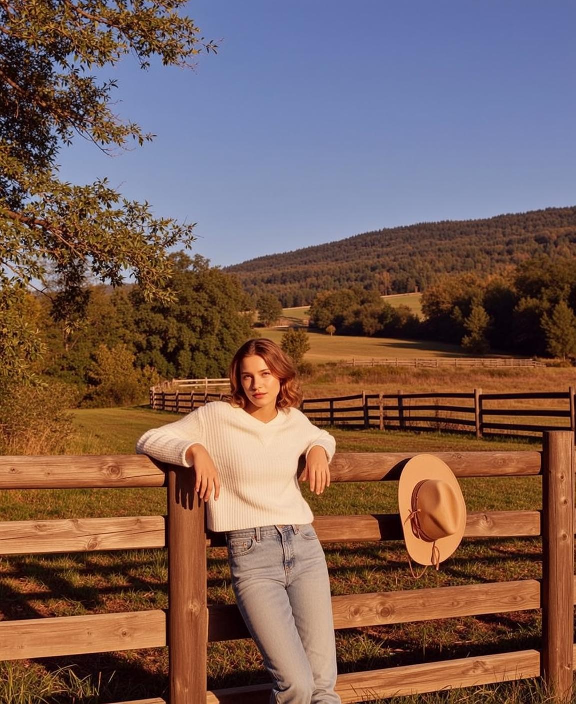 Cowgirl Young Stands Leaning Against Rustic Wooden