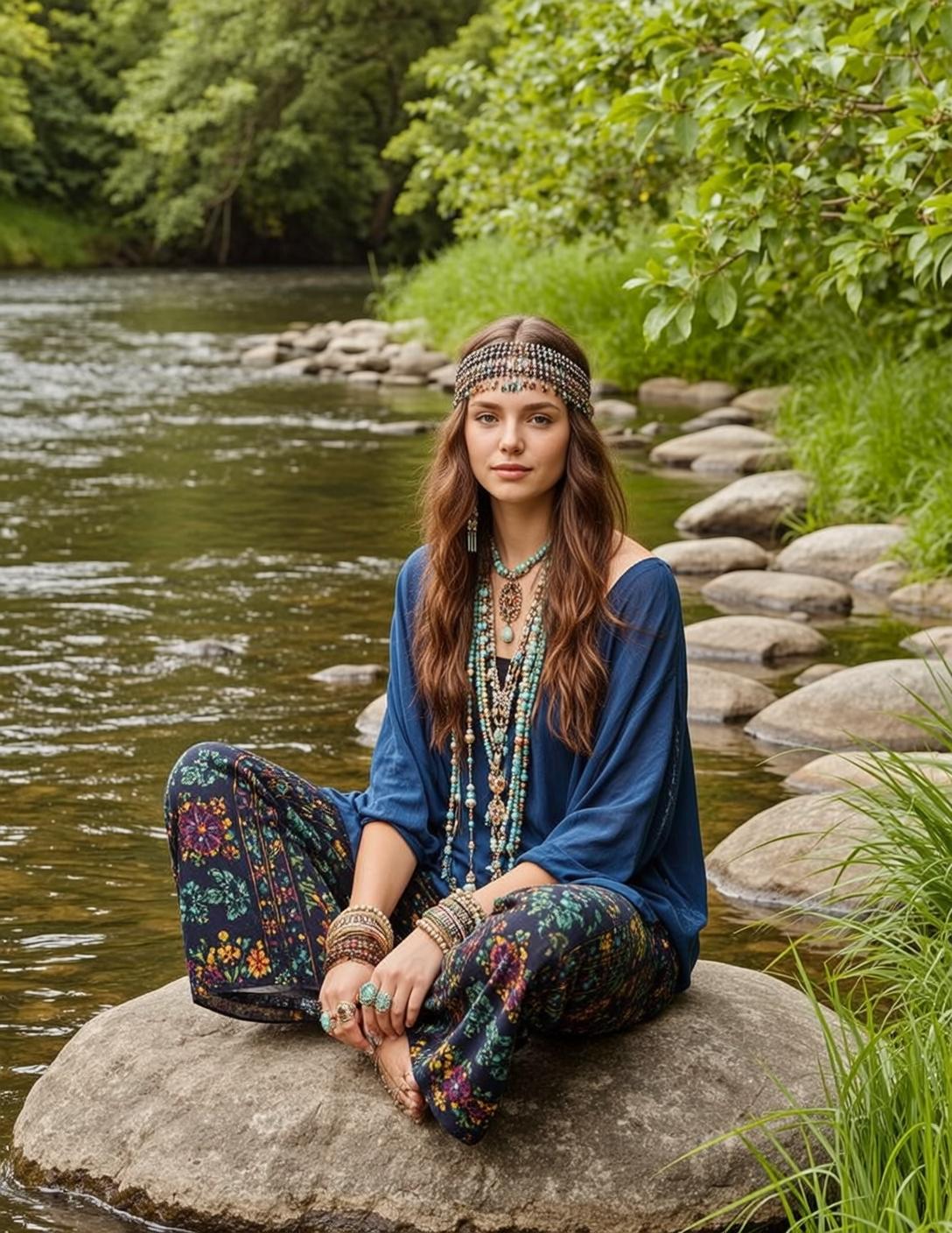 Riverside Woman Seated Cross Legged Beaded Headband