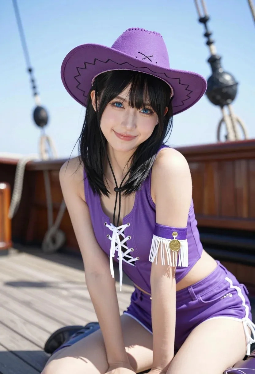 Smiling Woman With Black Hair And Bangs Sits Wooden Deck