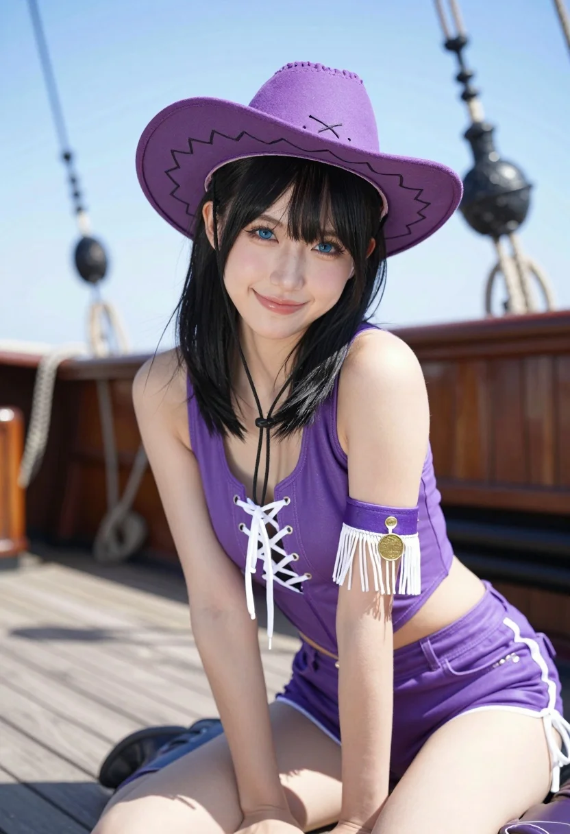 Smiling Woman With Black Hair And Bangs Sits Wooden Deck