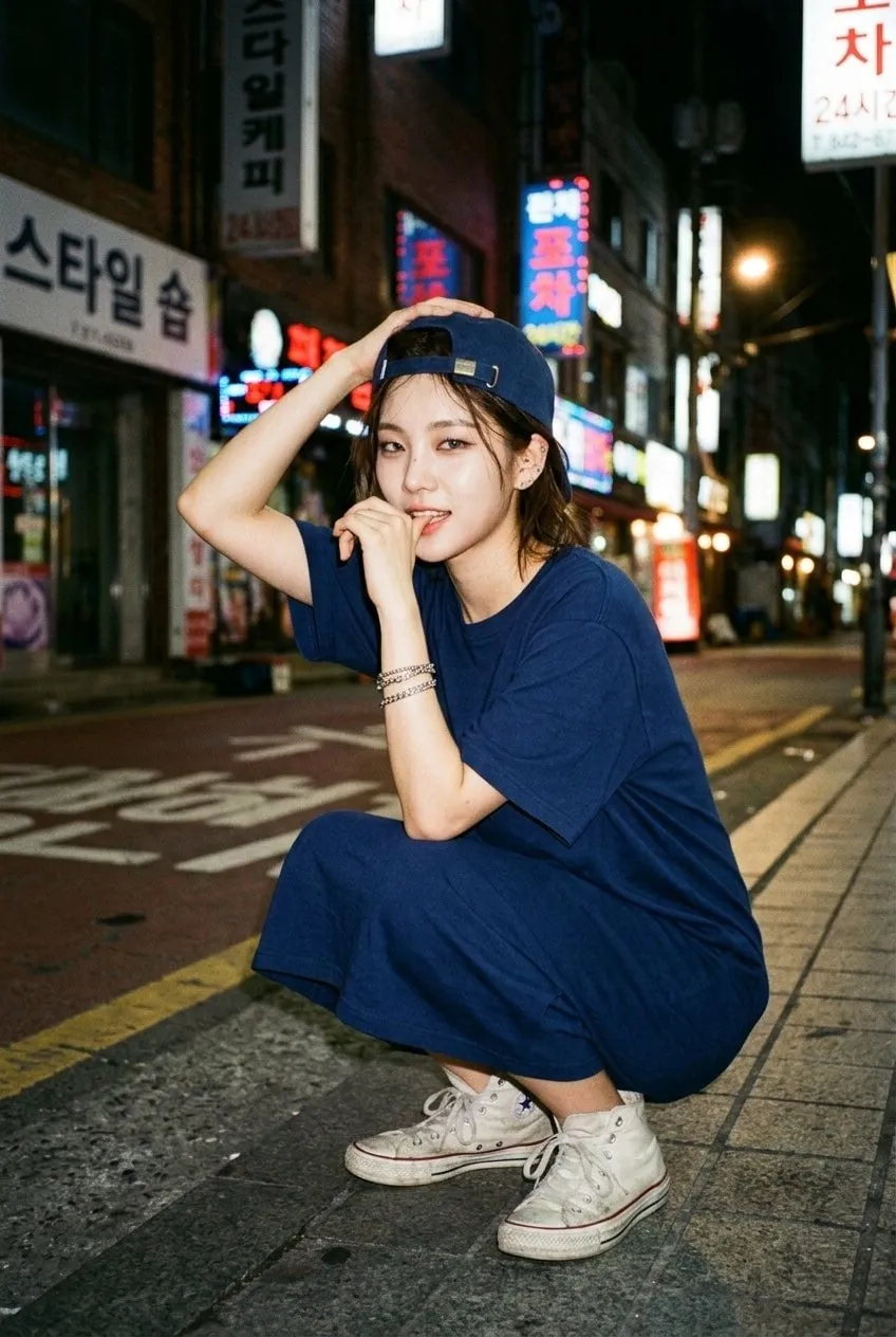 Kpop Idol Squatting Night Street Flash Gritty Urban