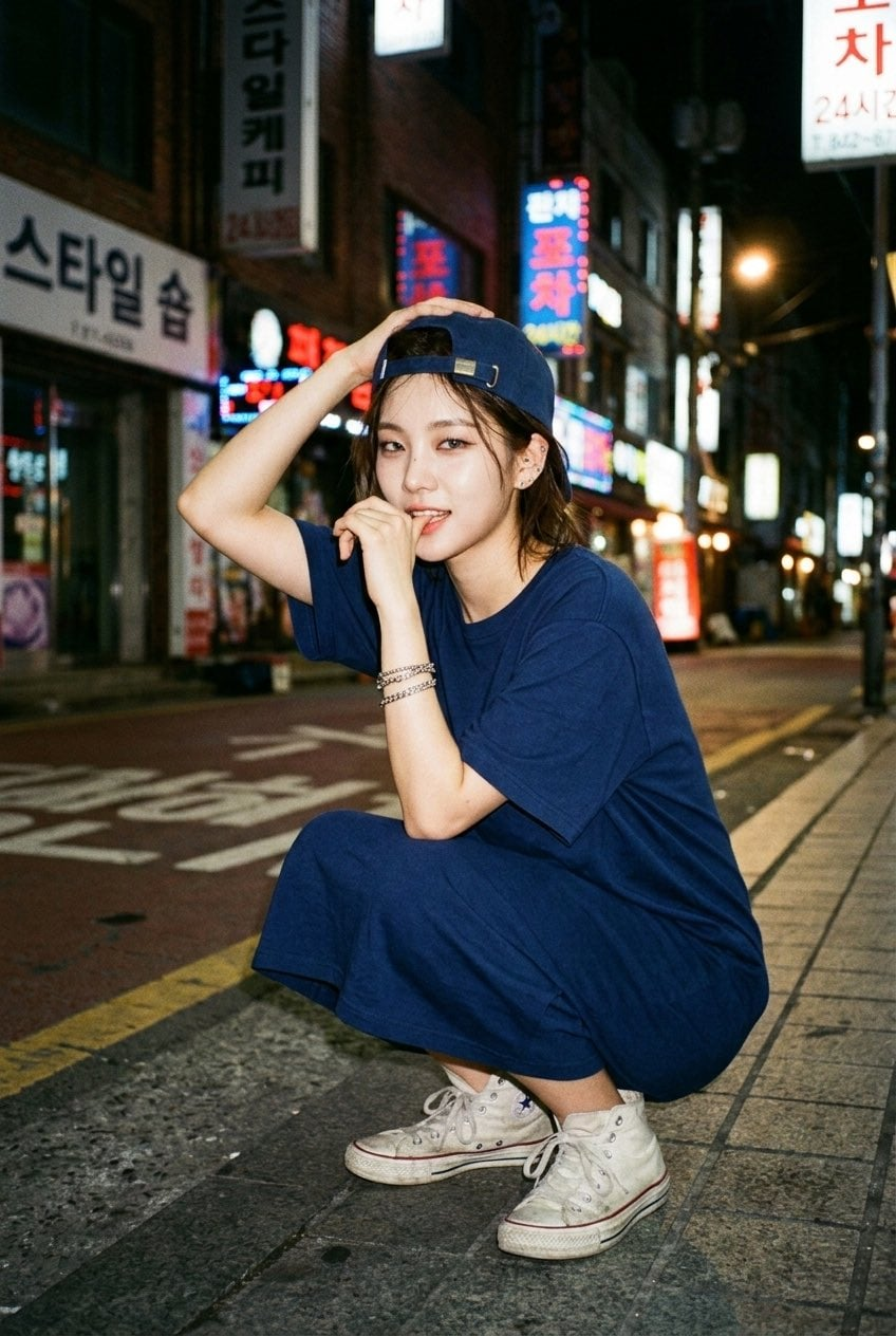 A K-pop idol squatting on a wet urban street at night, wearing a blue midi dress and a backward navy cap, with dynamic hand poses and confident expression.