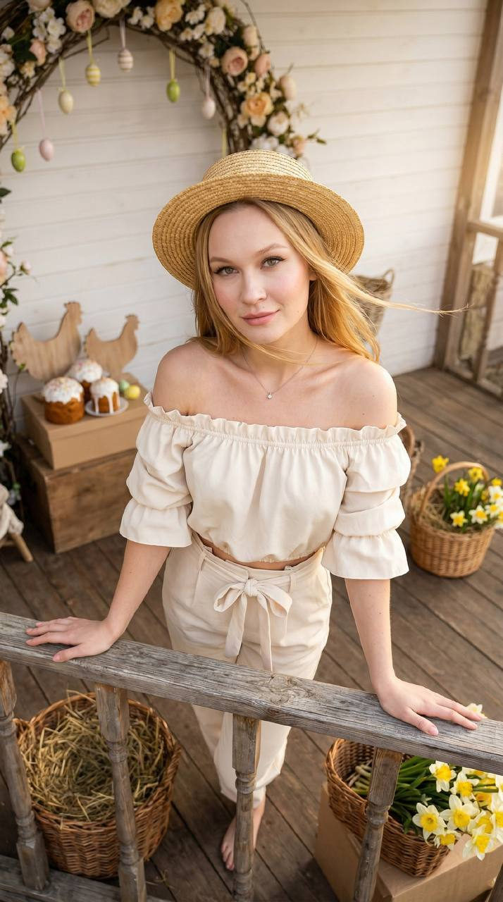 Woman in a straw hat with wind-blown hair stands on a farmhouse veranda, soft ambient light highlights her off-shoulder top.