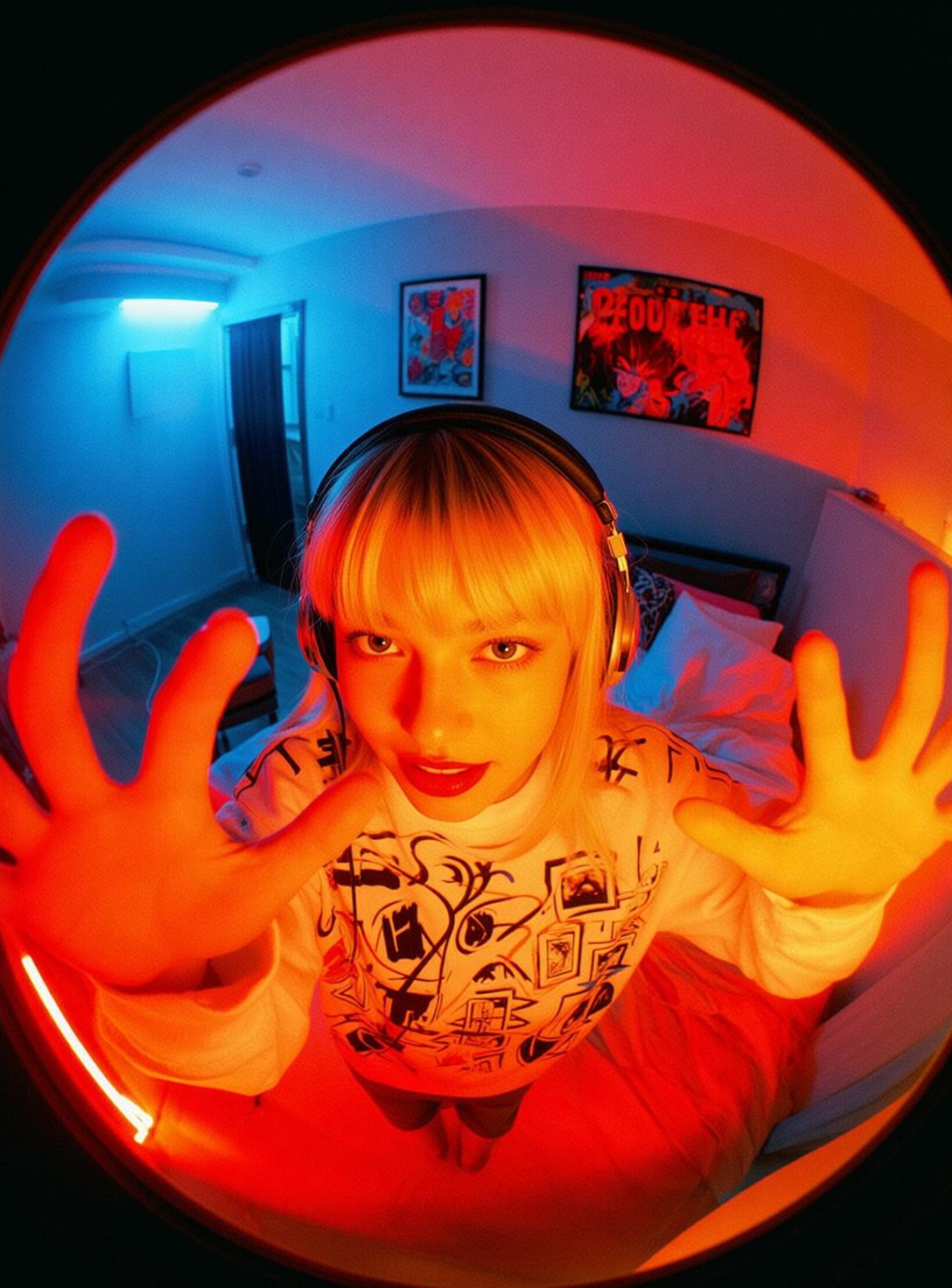 Neon Bedroom Headphones Reach Pose