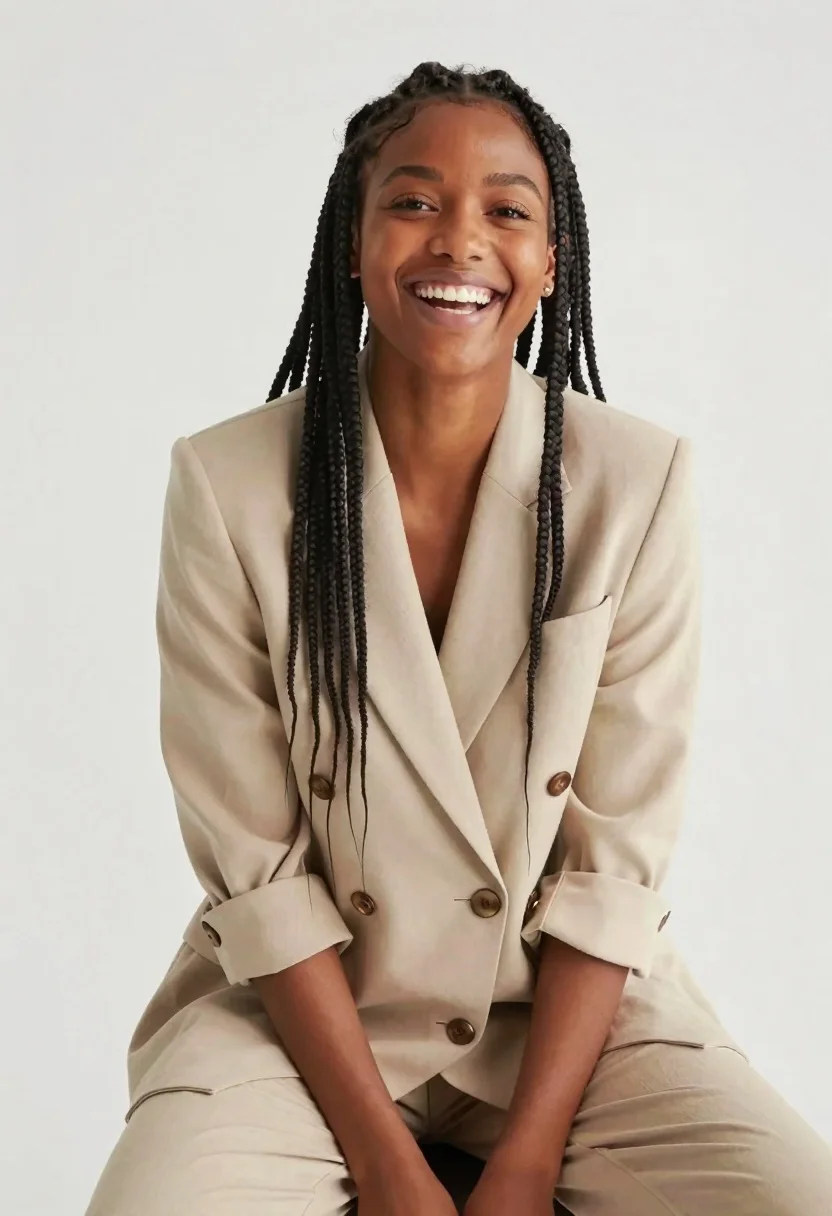 Joyful Woman With Dark Braided Hair Smiles Broadly The Camera reference photo