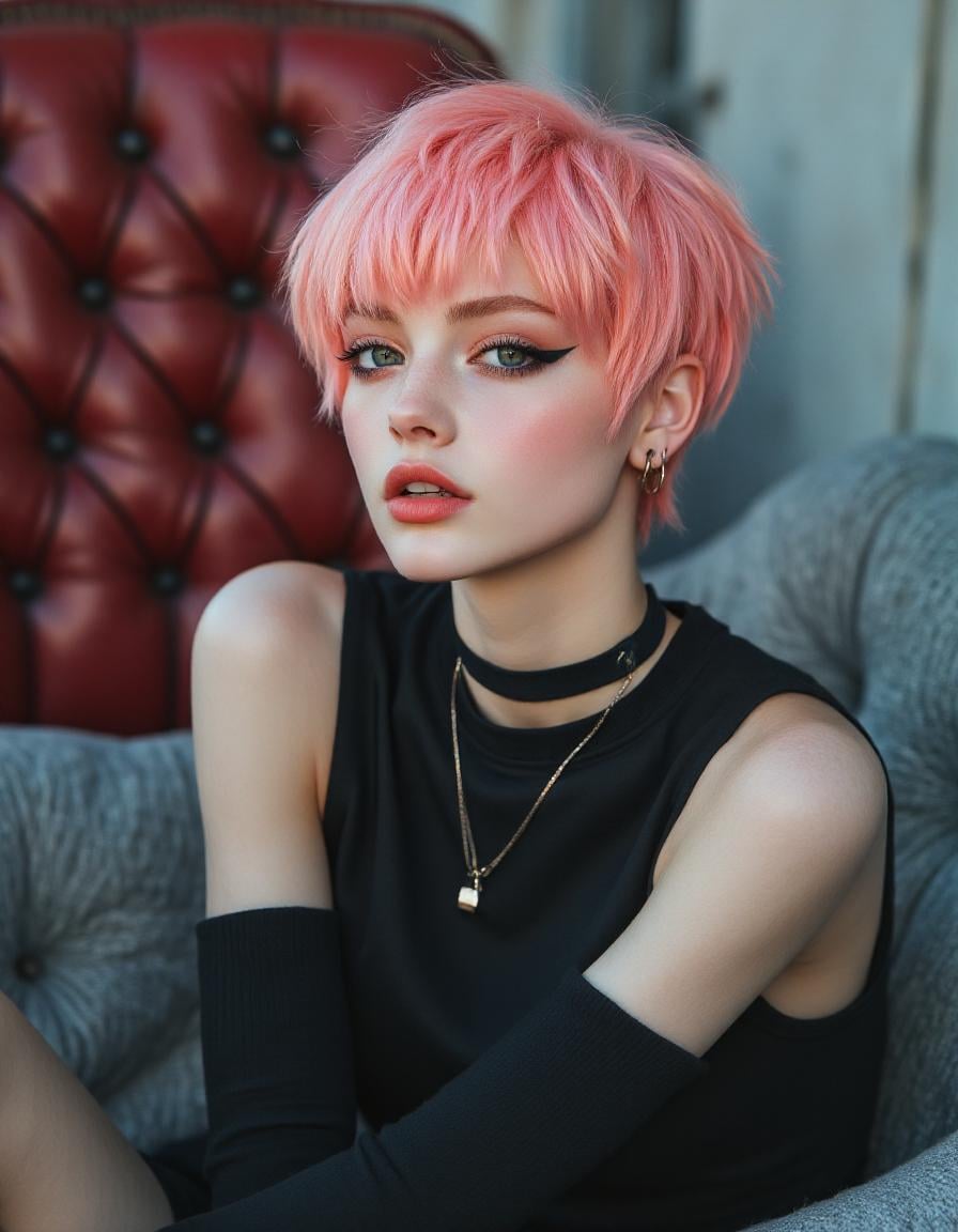Oxblood Armchair Pastel Pink Hair