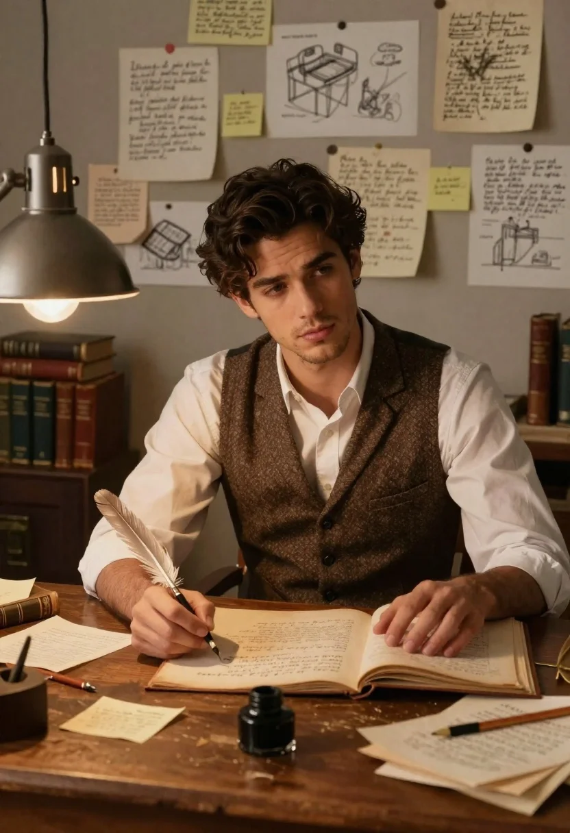Young Man With Dark Hair And Thoughtful Expression Sits Cluttered reference photo