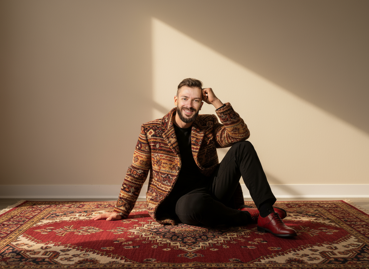 Ultra-realistic portrait of a young man on a Persian rug in a minimalist setting, soft natural light casting gentle shadows.