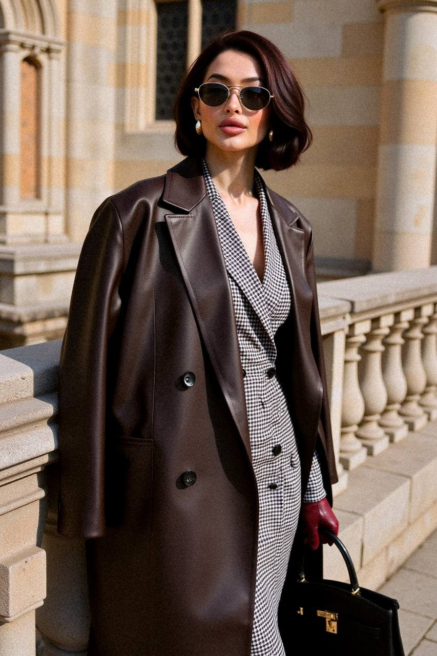 A woman in a tailored checkered blazer-dress standing against a stone château with gothic windows, exuding luxury and elegance.