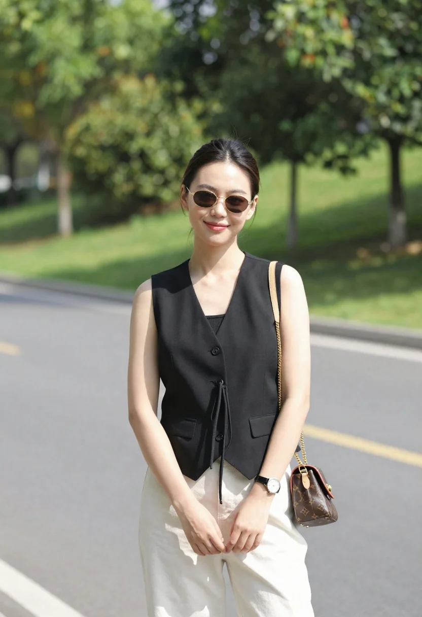 Stylish Young Woman Stands Confidently Paved Road With Lush Green reference photo