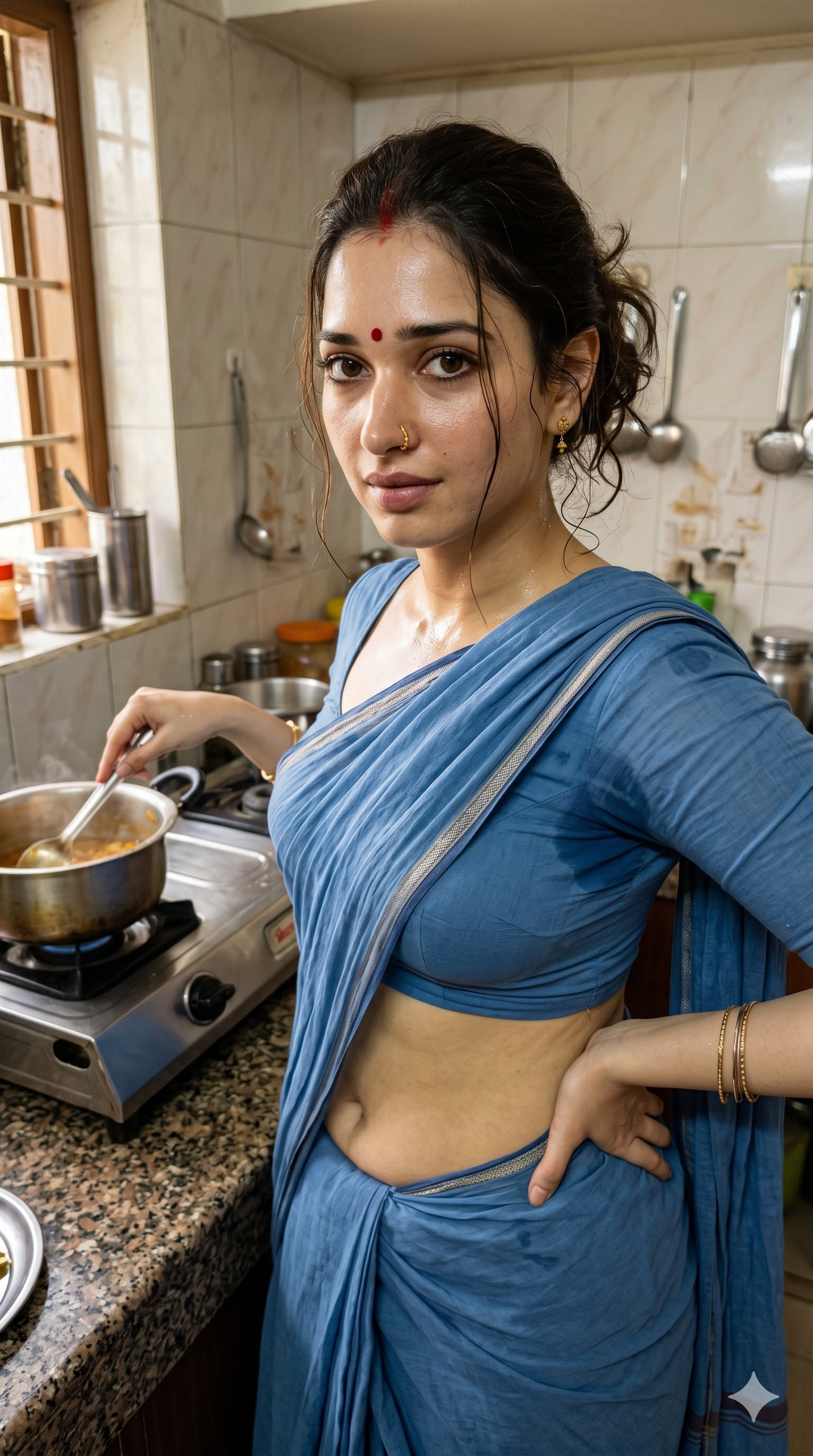 Blue Sari Stirring Pot In Kitchen