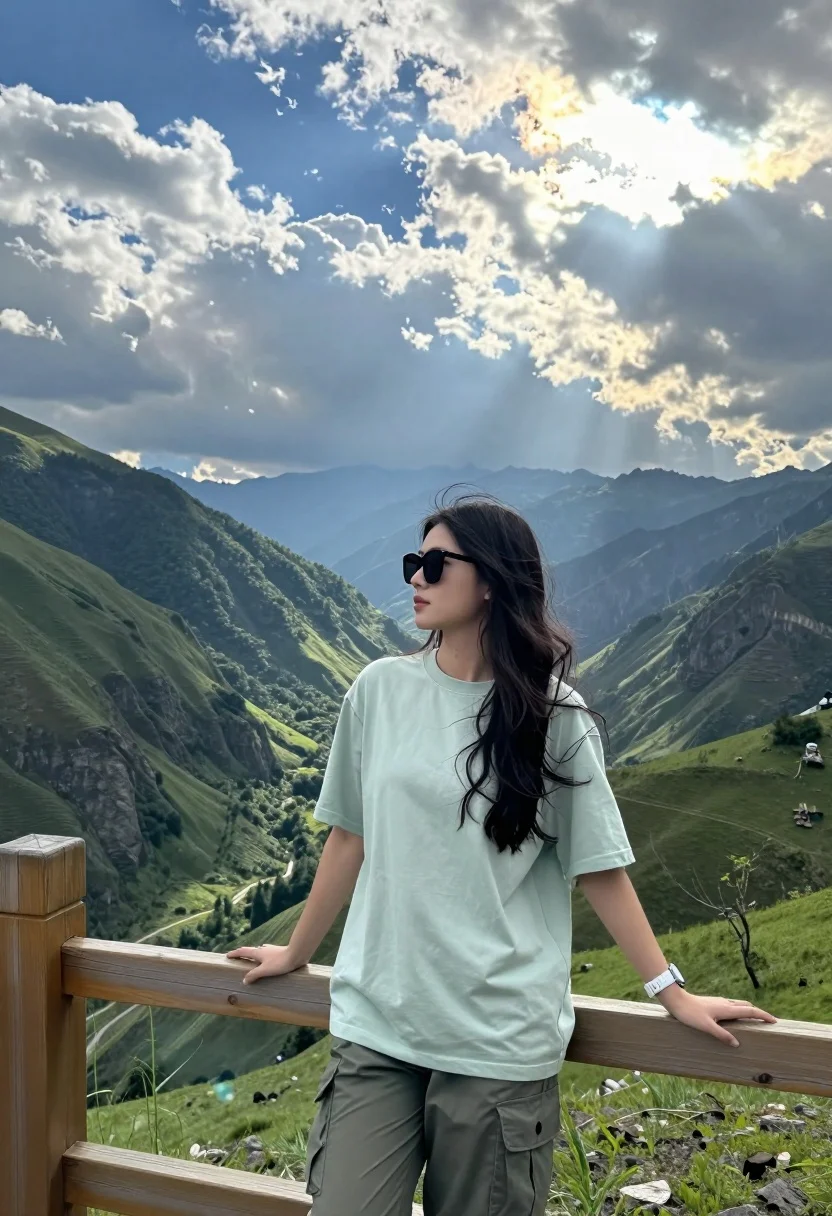 Woman Stands Leaning Against Wooden Railing With Vast Mountain Valley