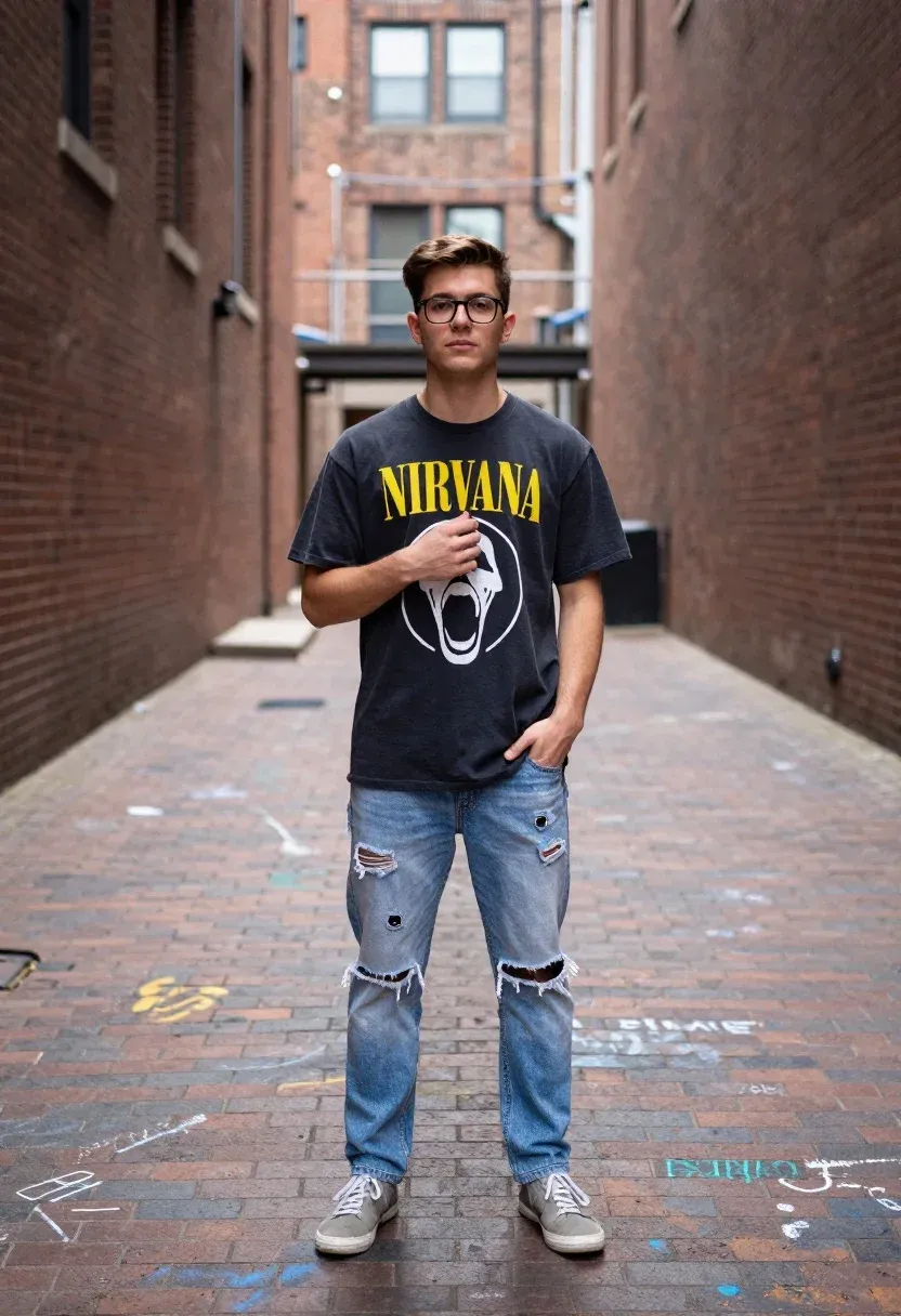 Young Man Stands The Center Narrow Brick Alleyway Wearing Black
