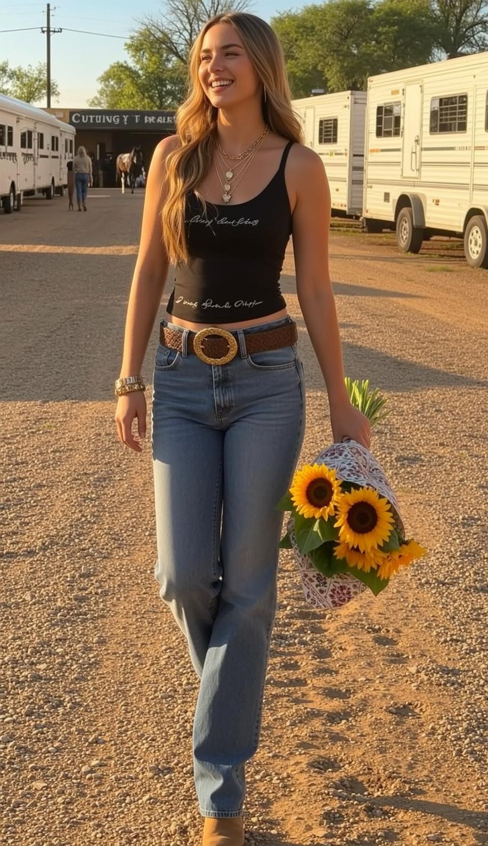 Cowgirl Walking Towards Her Head Tilted Slightly