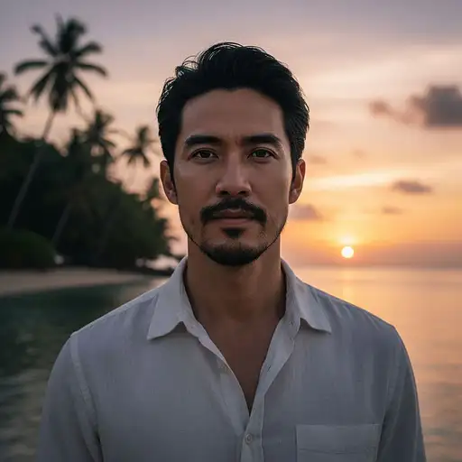Photo Realistic Portrait Gorgeous Indonesian Man Black Hair Tropical Island