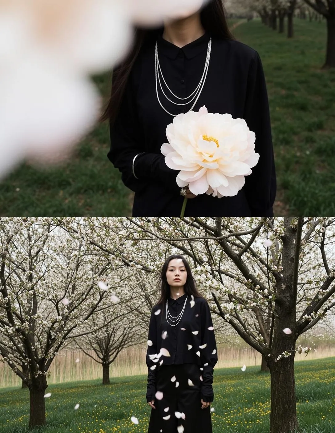 Necklace And Bracelets In Orchard With Blooming Trees