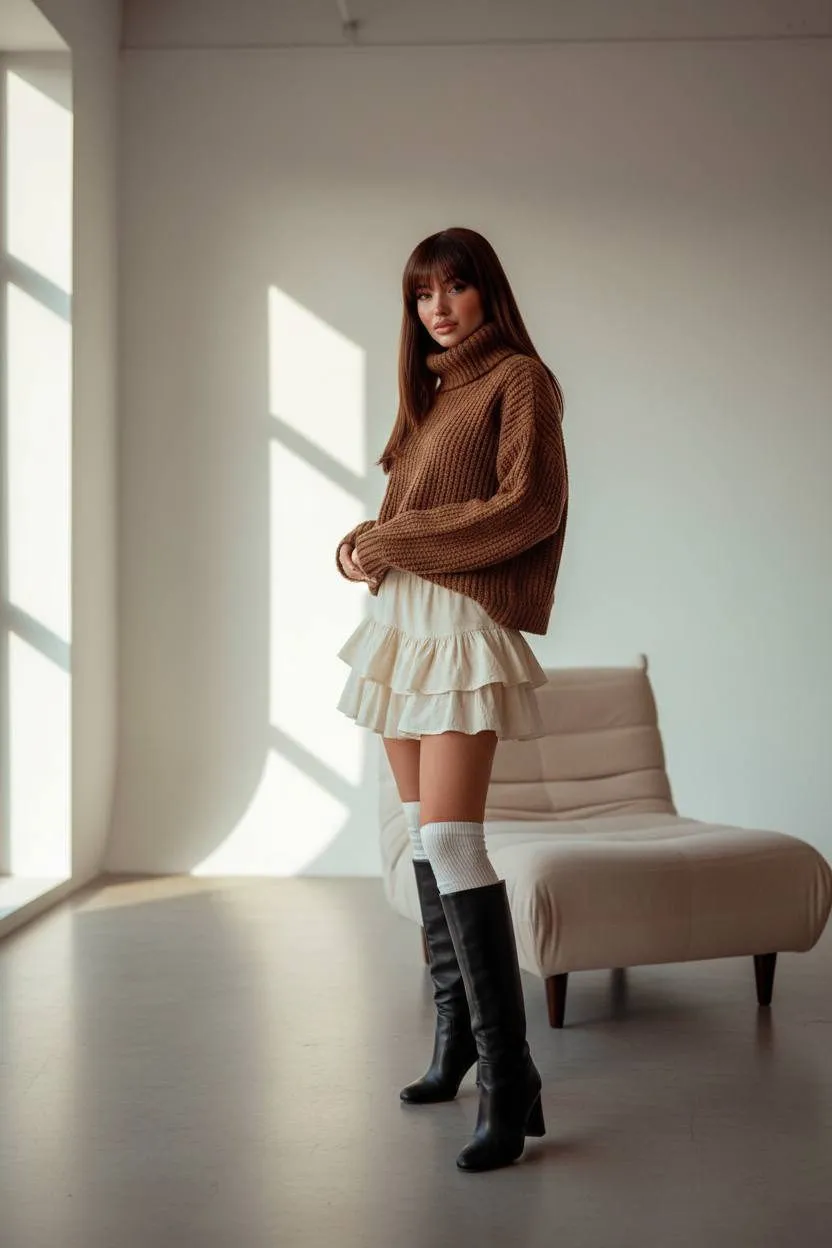 Brown Sweater Cream Skirt