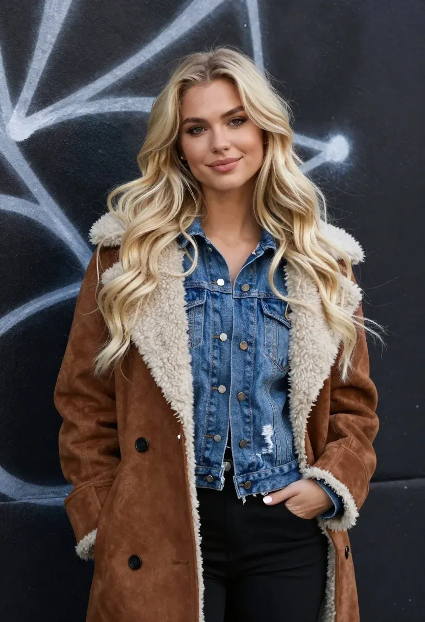Portrait Young Woman With Long Wavy Blonde Hair Standing Against