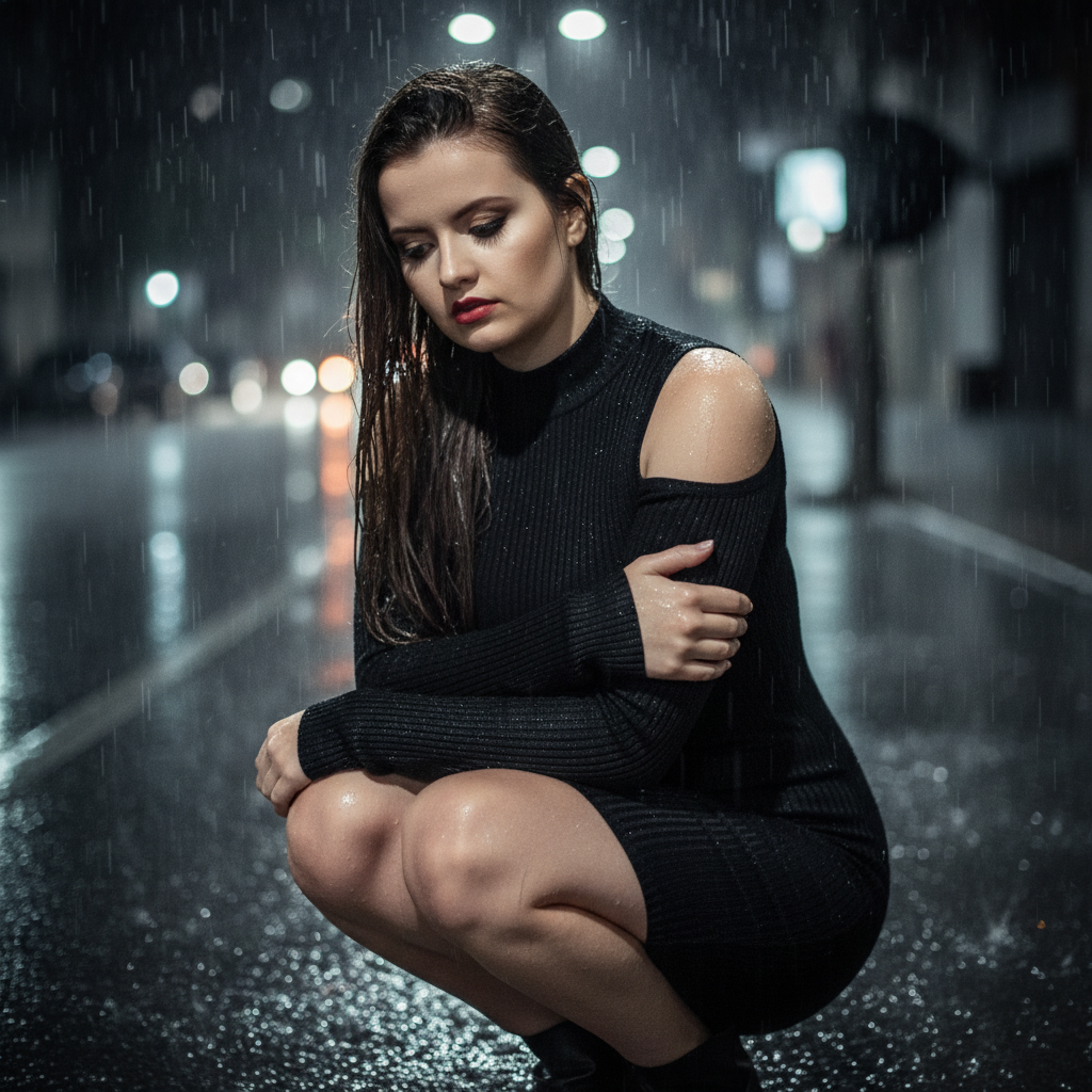 A young woman in a wet black dress crouched on a reflective street under heavy rain, with dark hair plastered to her face.