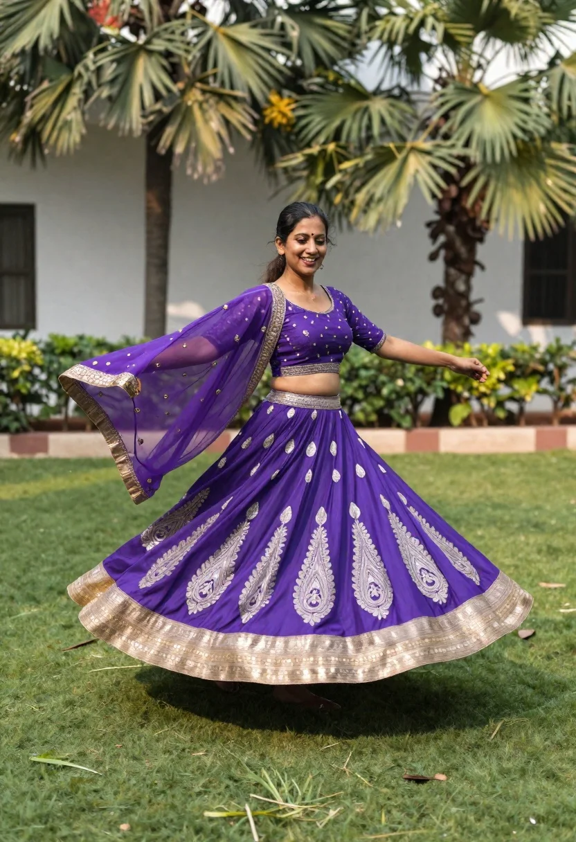 Woman Vibrant Purple Lehenga Choli Twirling Gracefully Lush Green Lawn reference photo