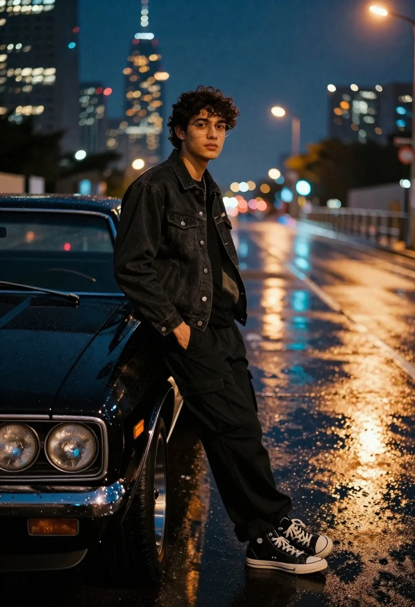 Young Man With Dark Curly Hair And Glasses Leans Casually