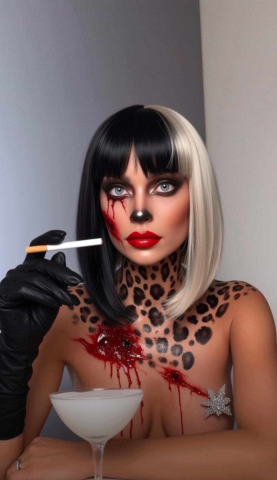 Halloween Makeup Dramatic Split Black White Bob