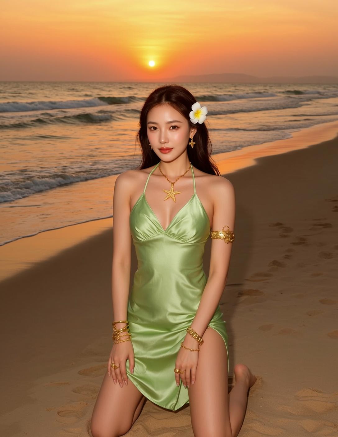 Green Satin Dress Beach Sunset
