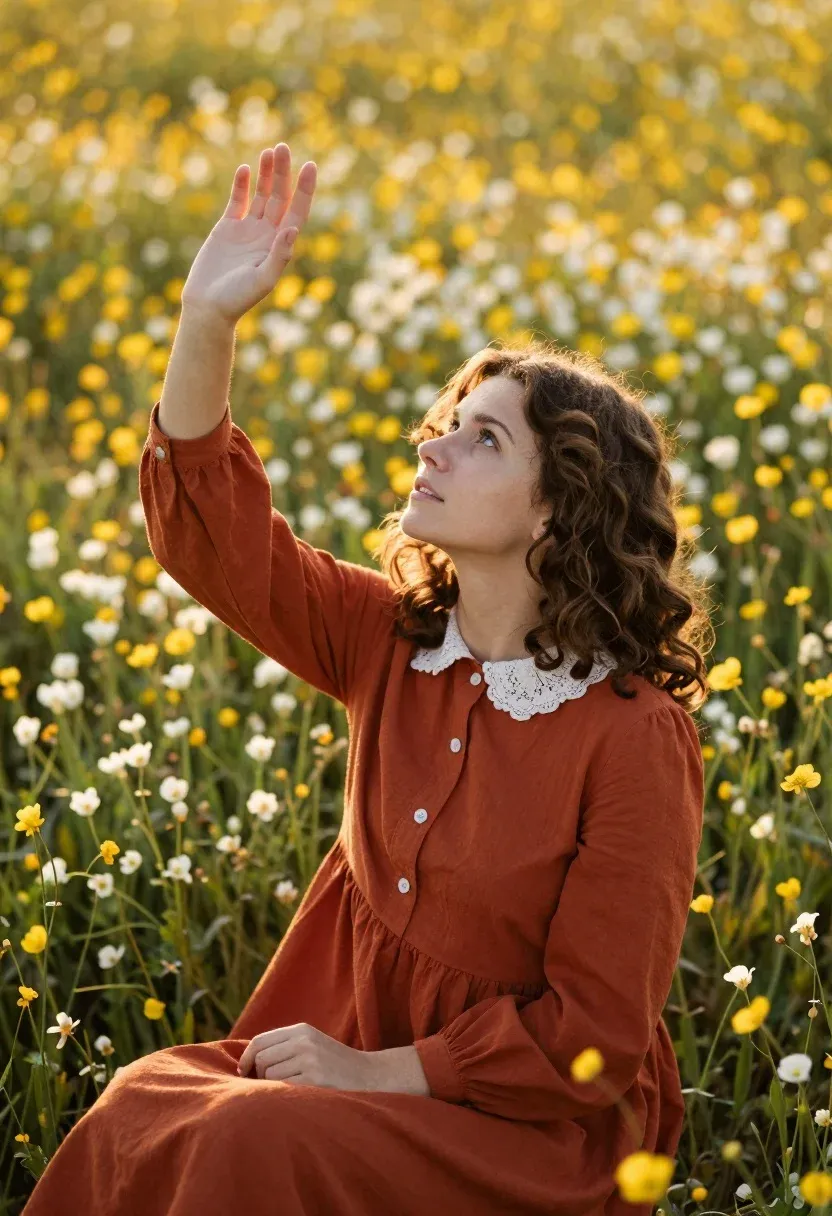 Young Woman With Wavy Brown Hair Sits Field Yellow And