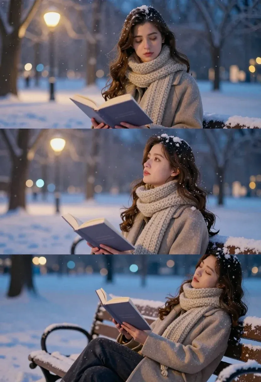 Young Woman Sits Snow-covered Park Bench Reading Book Snowy Evening