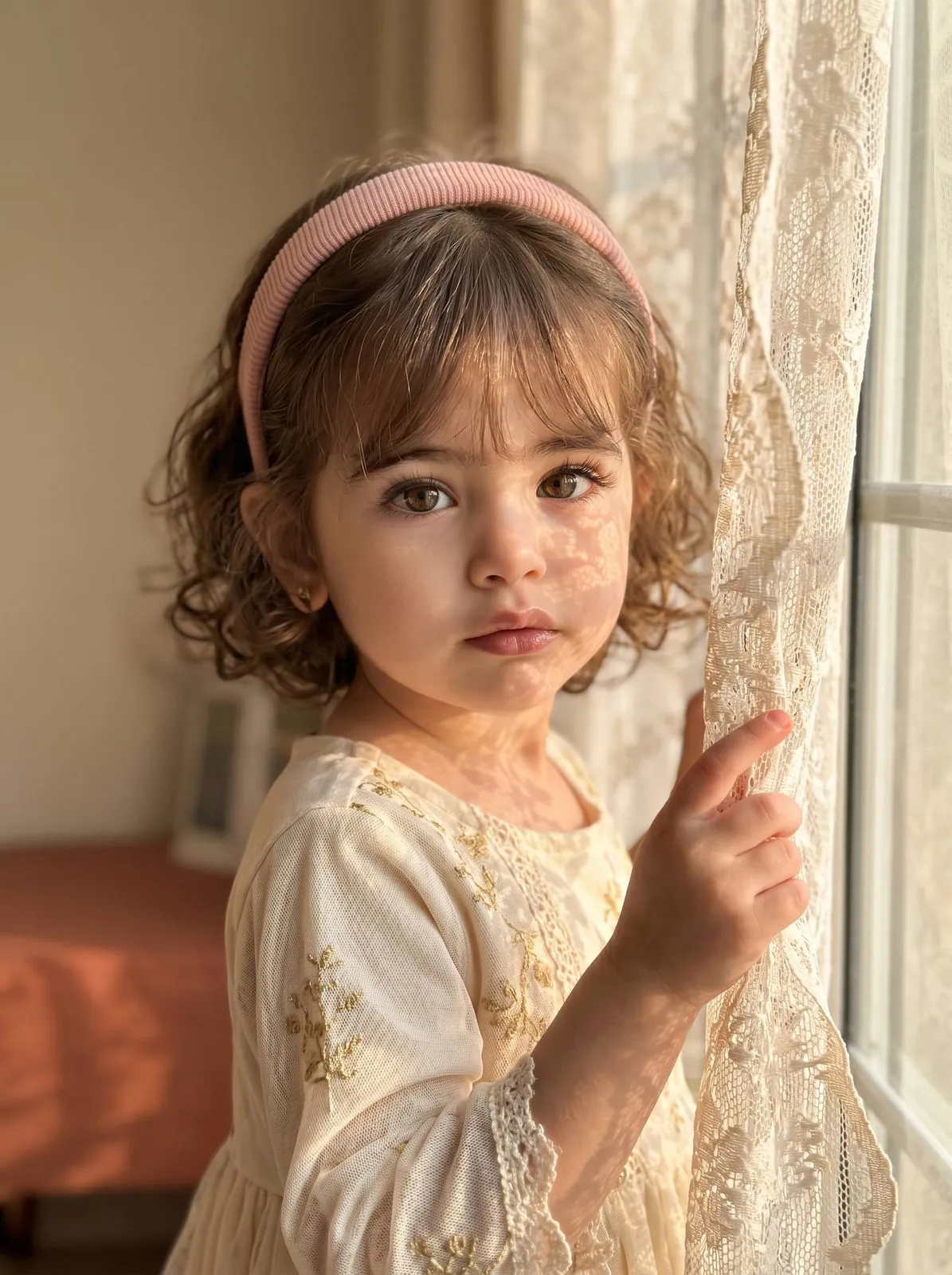 Girl Window Golden Hour Lace Curtain Soft Light