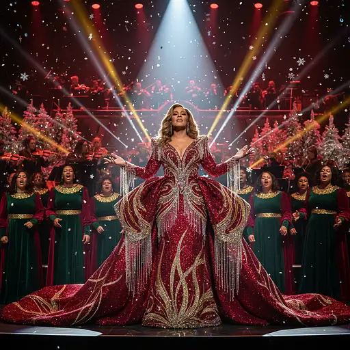Dazzling Female Superstar Stage Glamorous Christmas Concert Wearing Extravagant Couture
