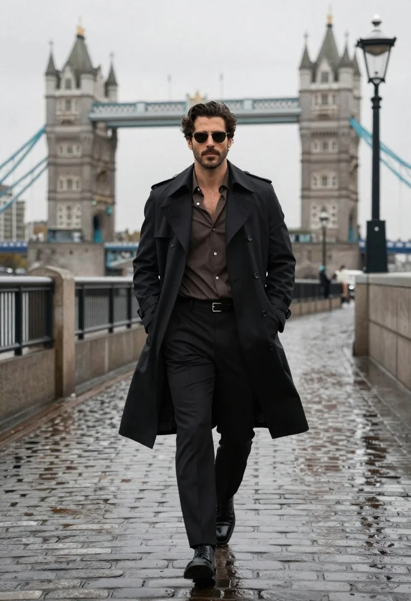 Confident Man Walks Forward Along Wet Cobblestone Path With The