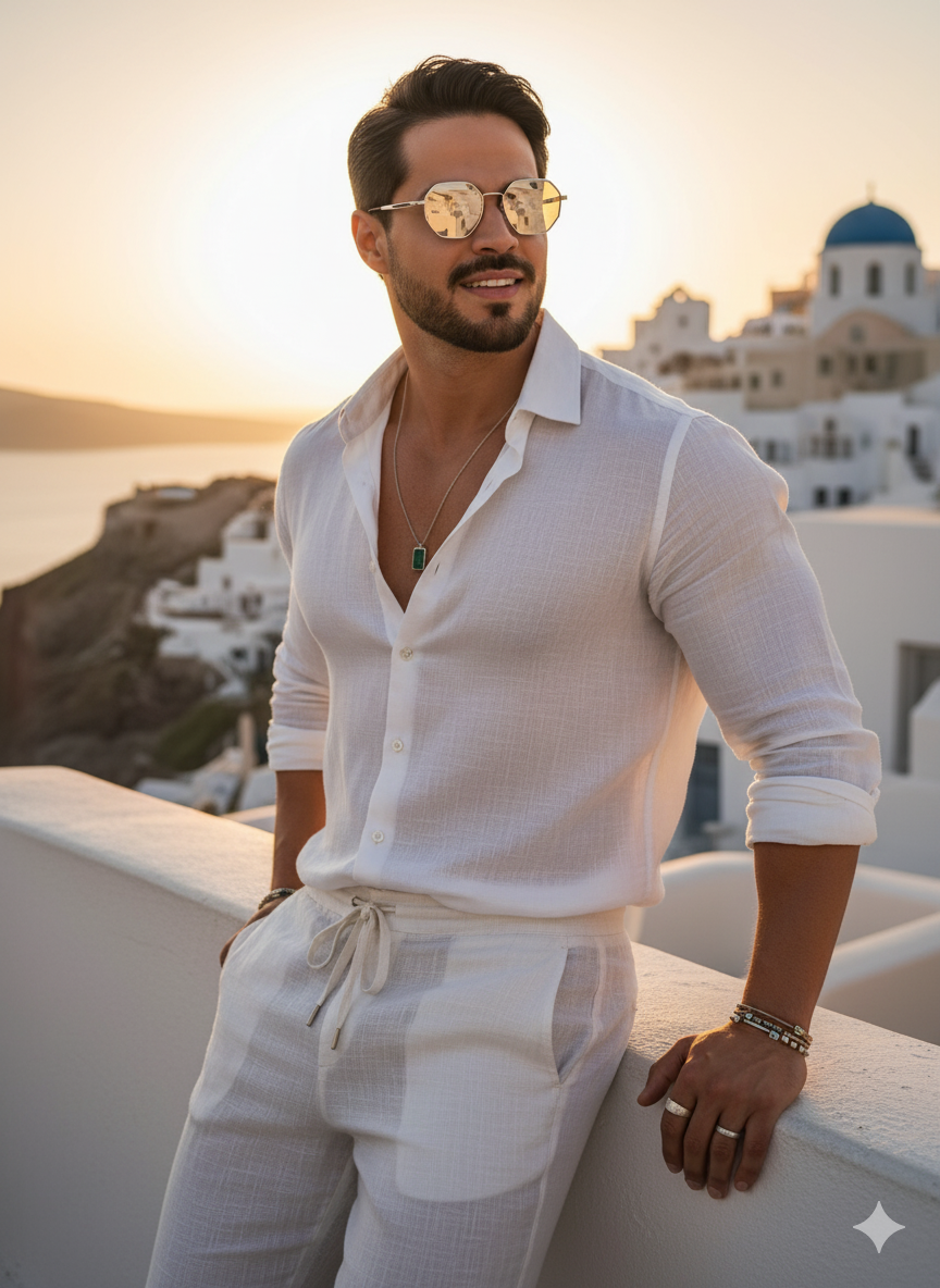 A relaxed athletic man in sheer linen clothing, wearing octagon sunglasses and leaning on a Santorini building with a sunset view.