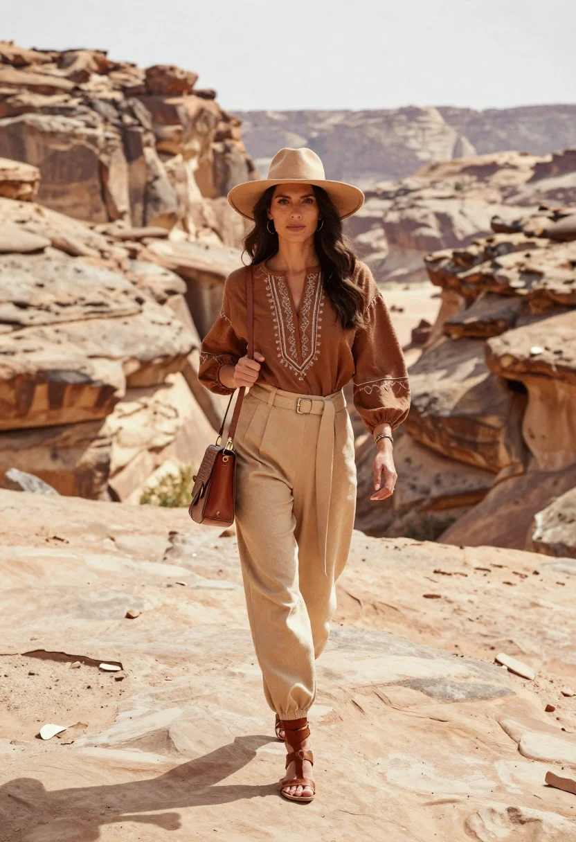 Confident Woman Walks Forward Through Rugged Desert Canyon Landscape Wearing