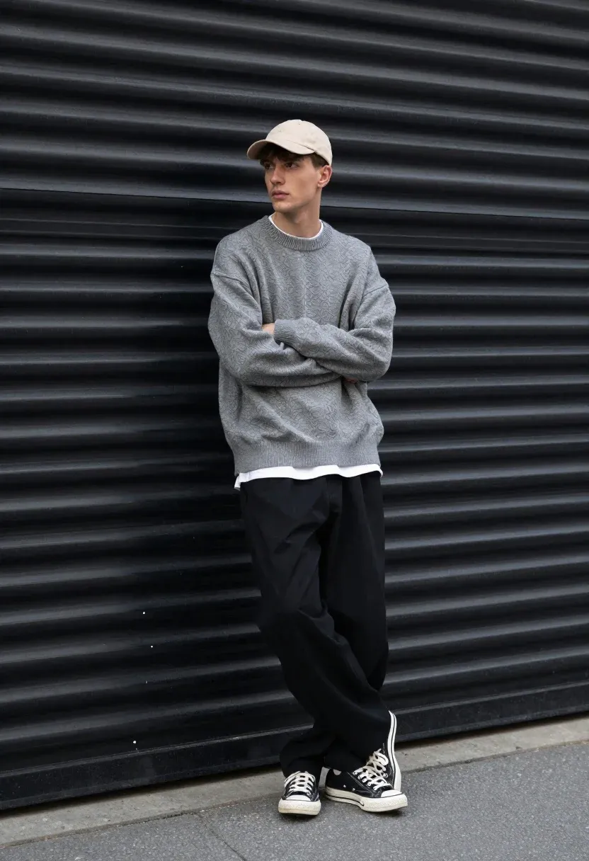 Young Man Stands Casually Against Dark Industrial Backdrop Subject Fair-skinned