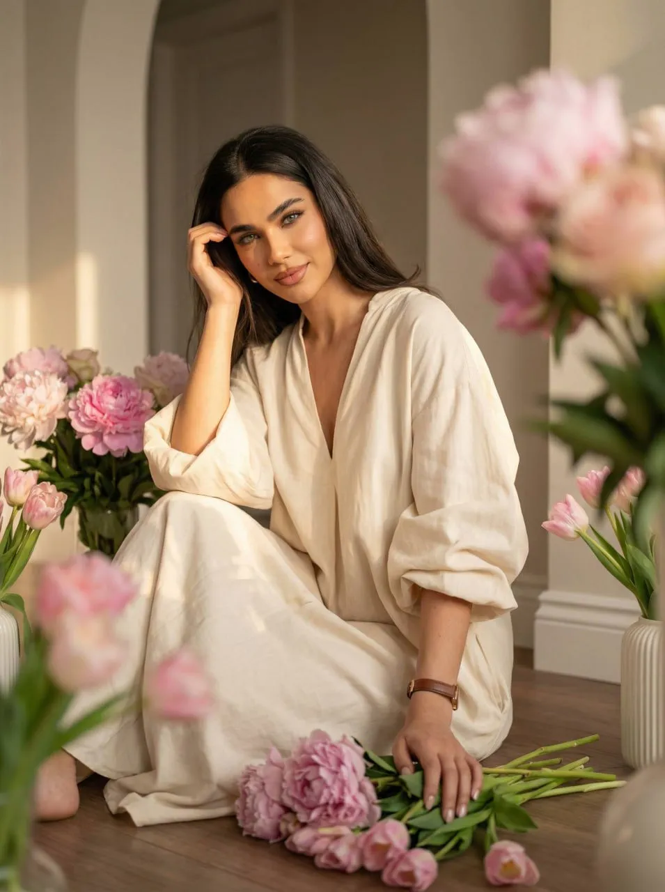 Realistic Portrait Woman Flower Vase Soft Light