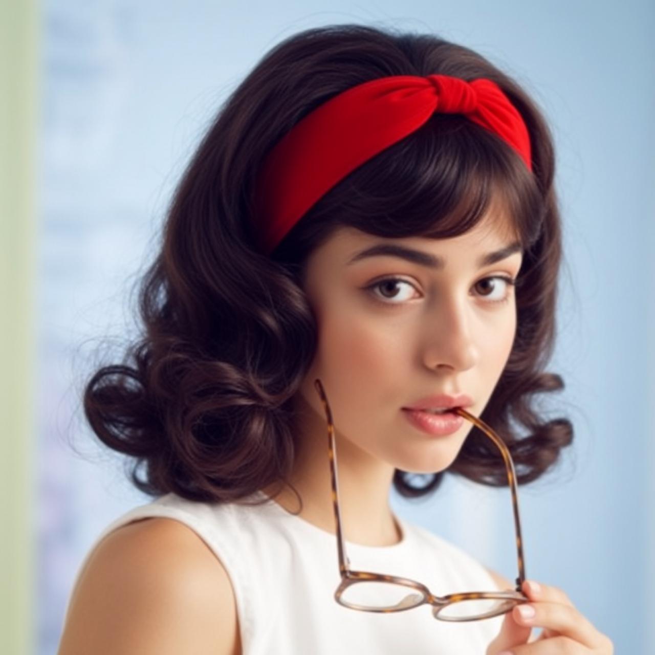 Young Woman Playful Studio Red Headband Tortoiseshell Glasses