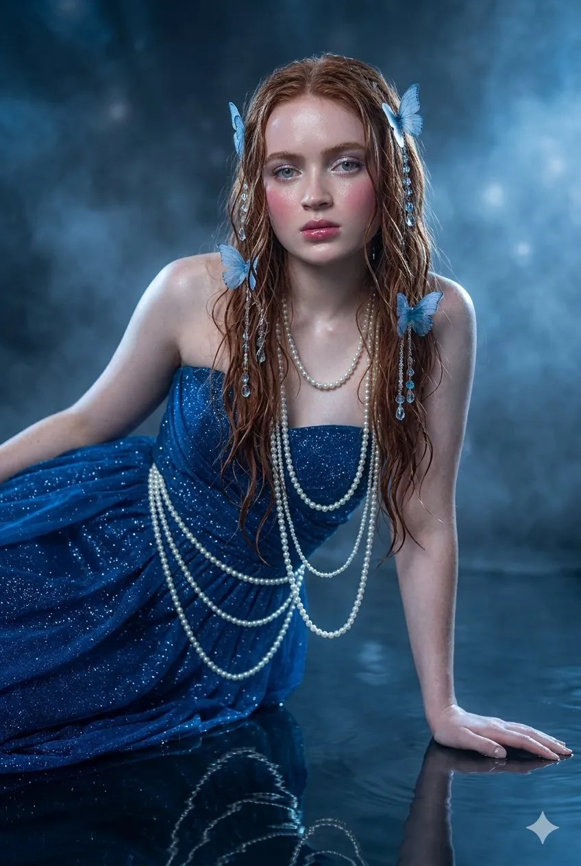 Royal Blue Gown Butterfly Hair Water Ripples
