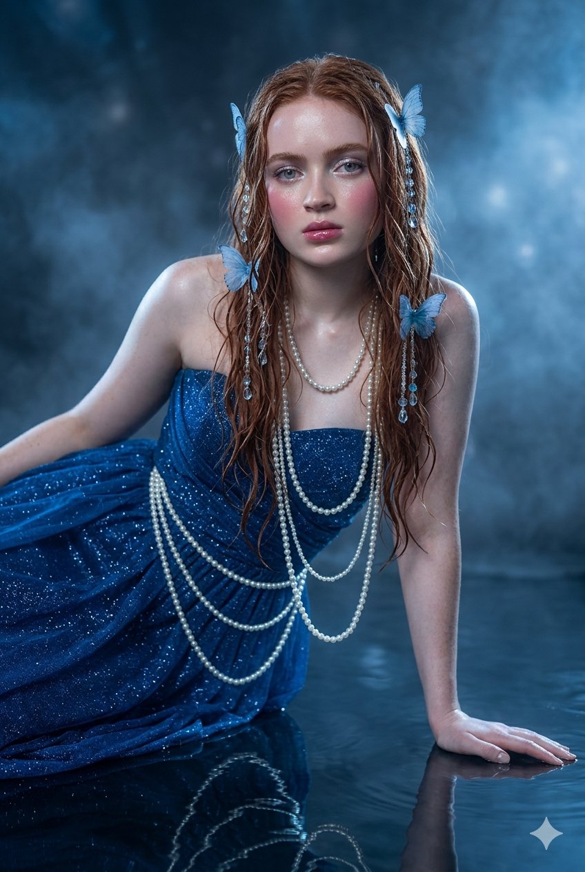 Royal Blue Gown Butterfly Hair Water Ripples