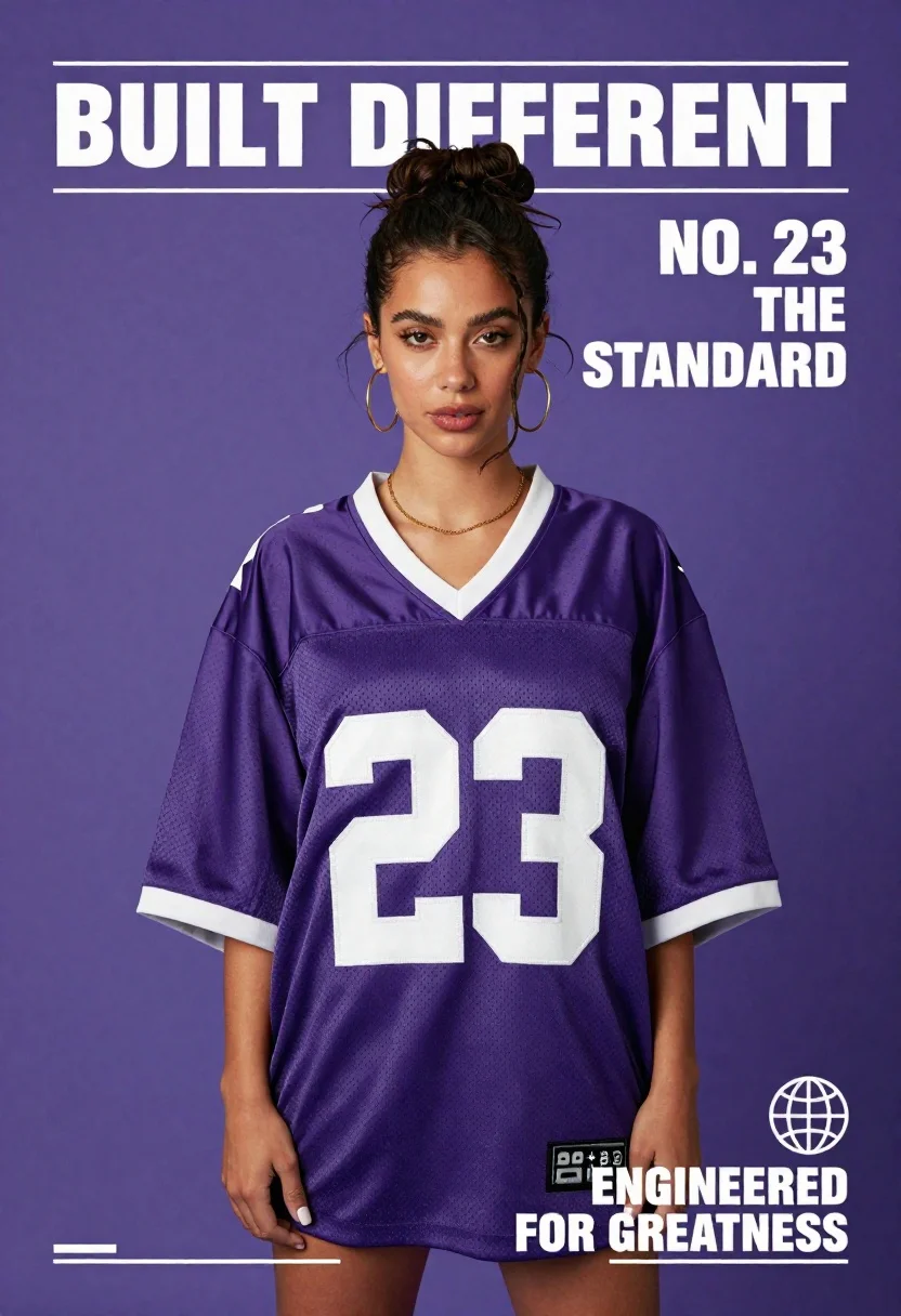A confident young woman with dark hair in a messy bun stands in a purple oversized jersey, set against a solid purple background with text overlays.