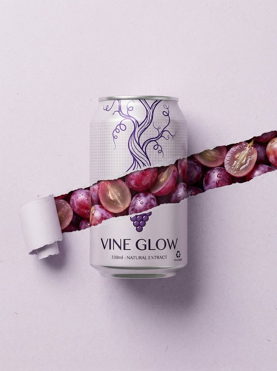 Minimalist product shot of a 330ml grape can with vine design and fresh grapes.