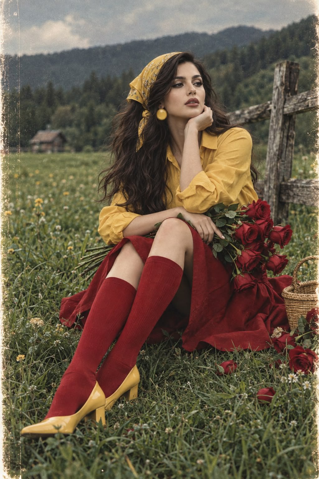 A woman running through a lush green meadow, wearing a vintage mustard-yellow shirt and a crimson skirt, holding a bouquet of red roses.