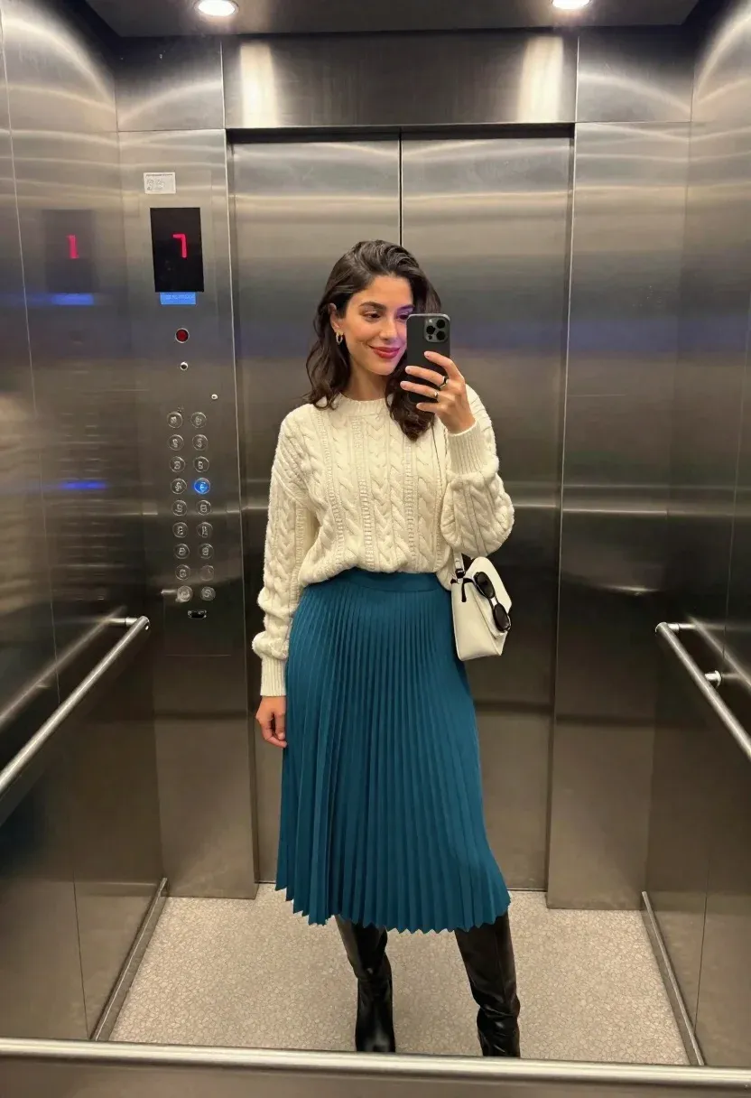 Full-body Mirror Selfie Stylish Woman Standing Inside Elevator With Polished