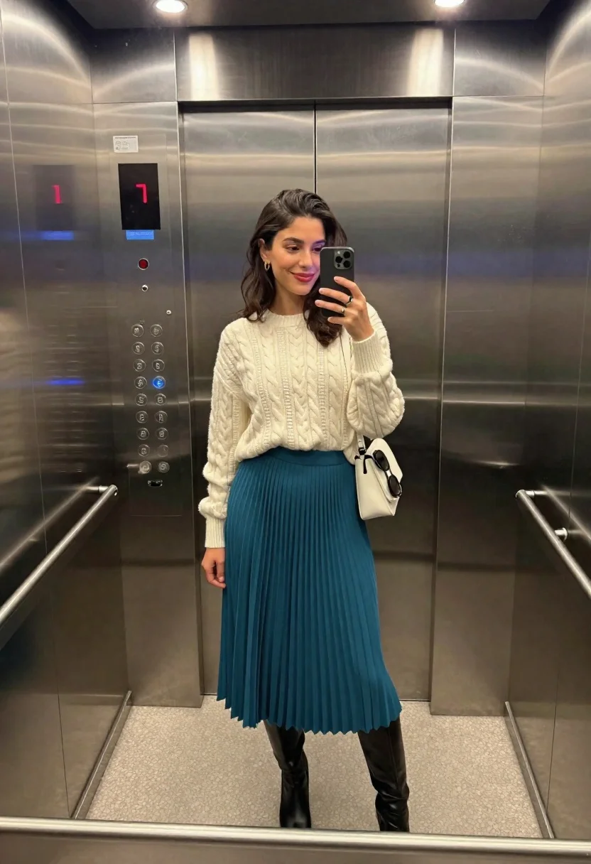 Full-body Mirror Selfie Stylish Woman Standing Inside Elevator With Polished reference photo
