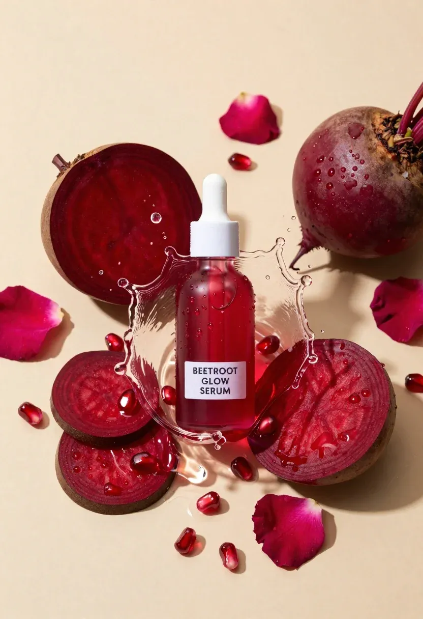 Glass Dropper Bottle Red Serum Surrounded Fresh Beetroot Slices Pomegranate