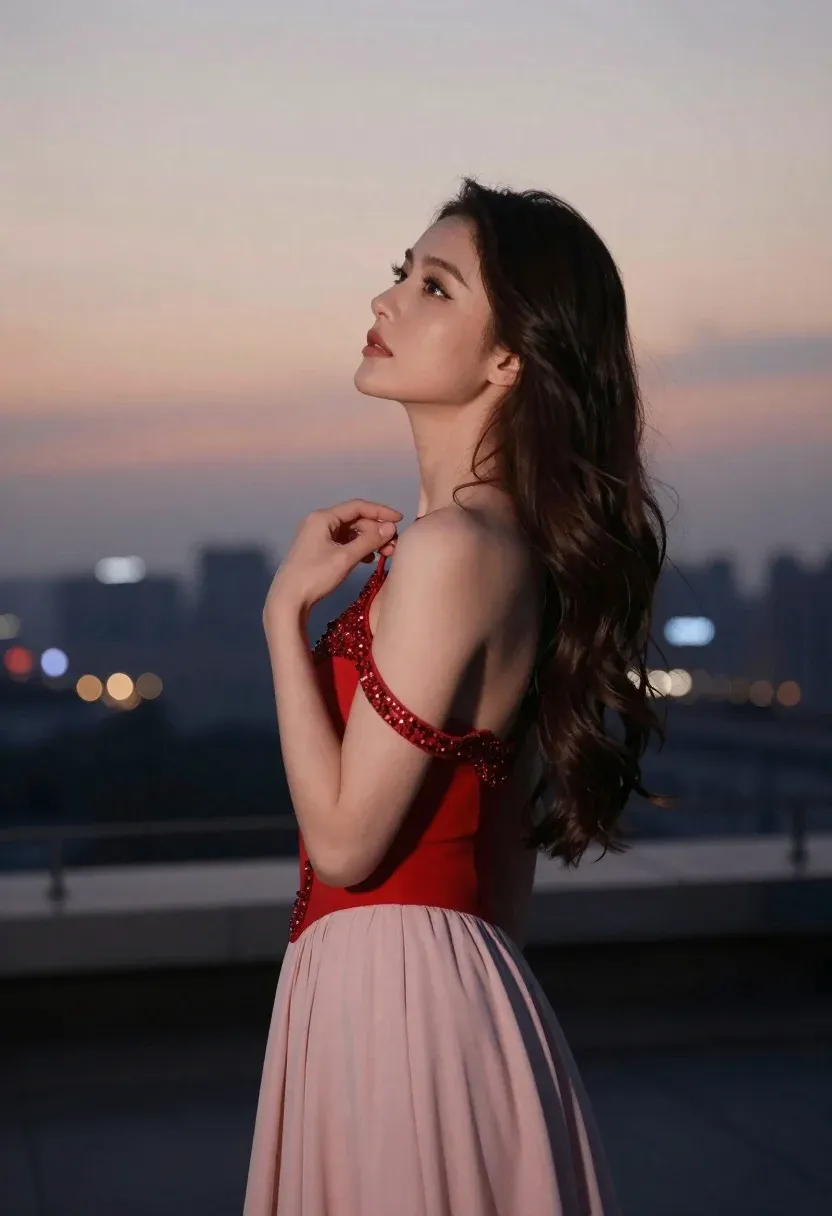 Woman Stands Profile Against Soft Twilight Sky With Distant City