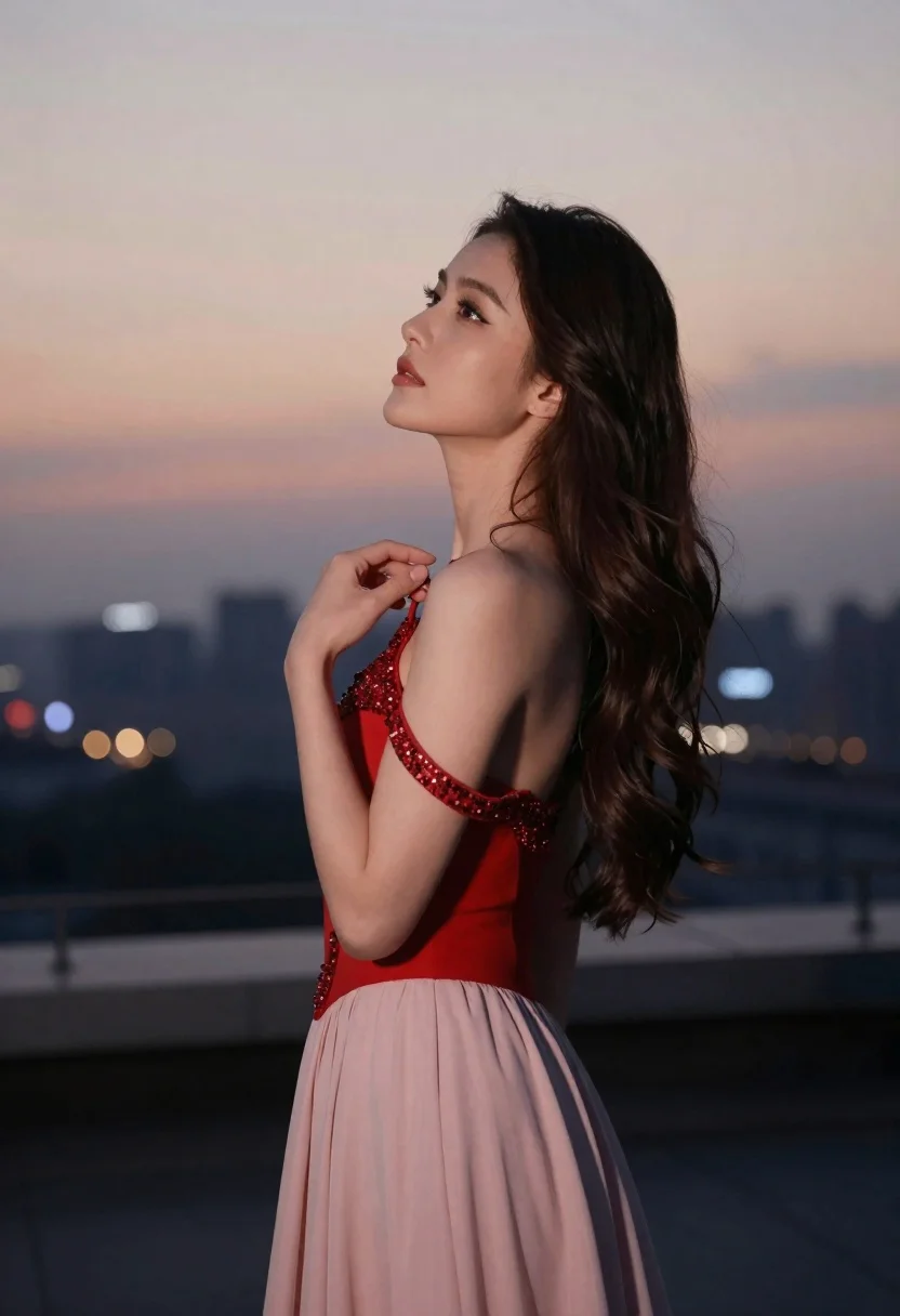 Woman Stands Profile Against Soft Twilight Sky With Distant City reference photo