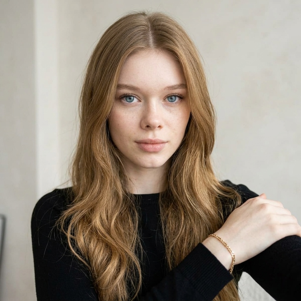 A realistic portrait of Mila with long wavy golden hair, blue eyes, and a black top.
