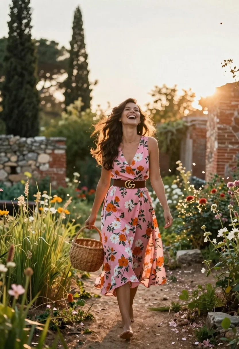 A joyful woman walks barefoot along a sun-drenched garden path, laughing with her head tilted back and a woven basket in hand.