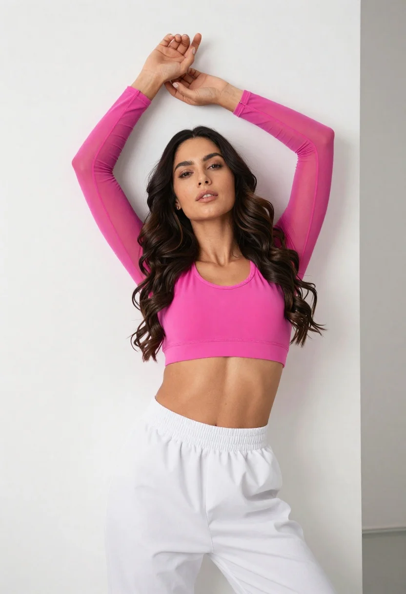 Confident Woman With Long Dark Wavy Hair Poses Against Plain reference photo